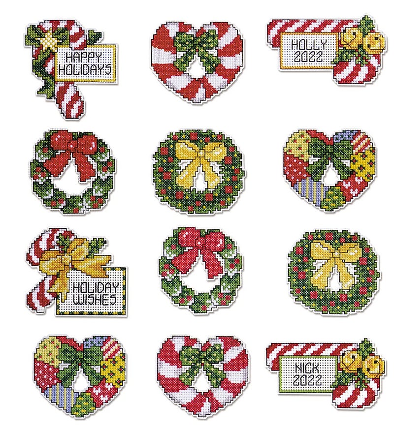 Design Works Crafts, 2-1/2"" x 3"" Each Cross Stitch Ornament Kit, Christmas Wreaths